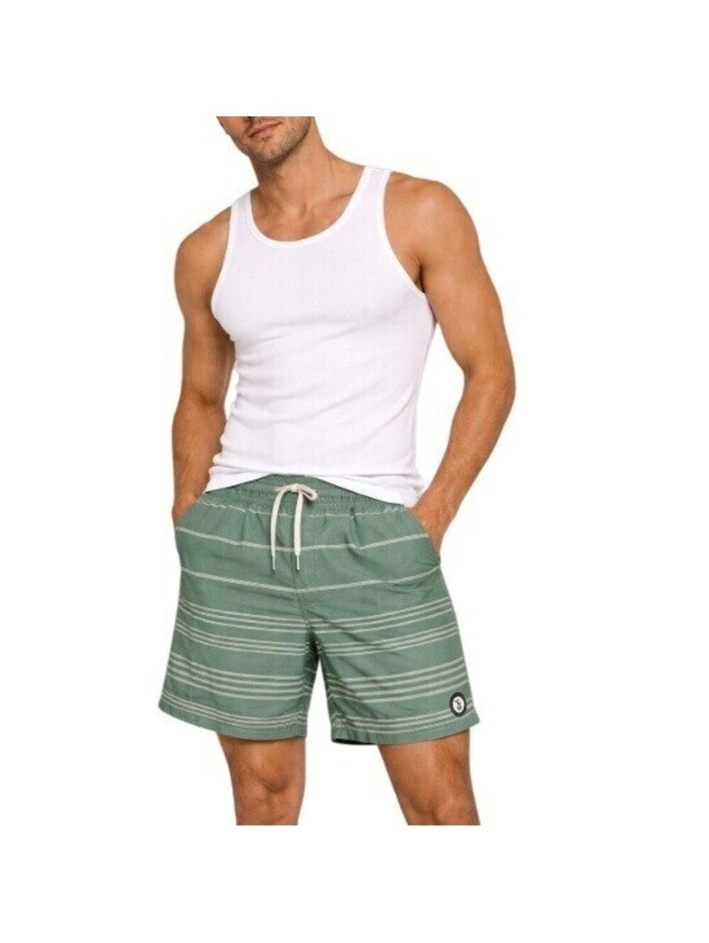 Vuori Men's Green Striped Kore Drawstring Pockets 9" Hybrid Boardshorts Size S